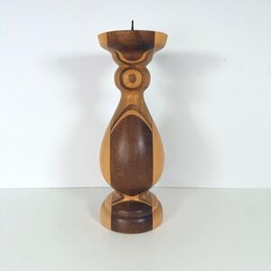 Hand turned Candle Holder Mid Century Modern Design Mixed Wood Tones